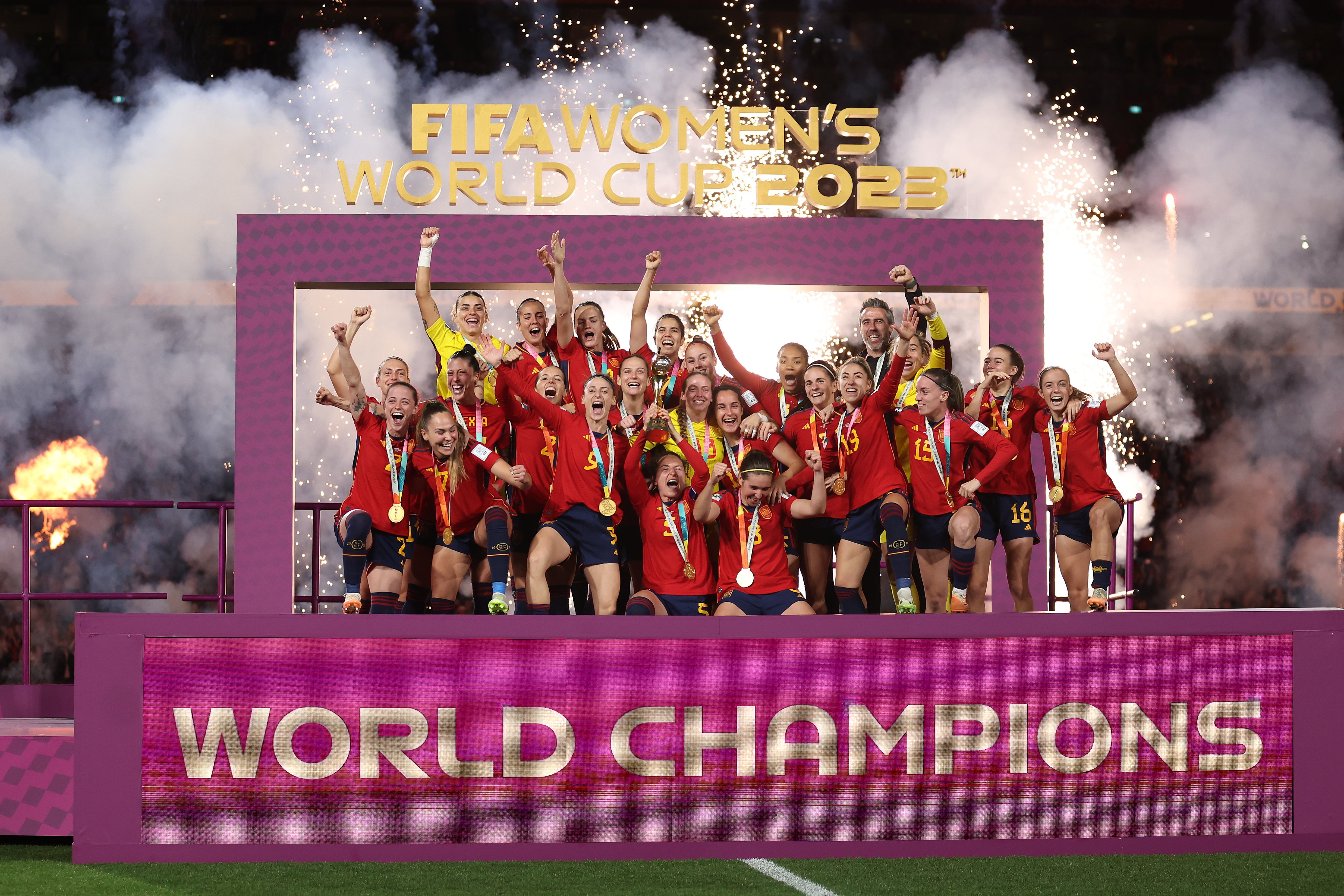 Spain lift the FIFA Women's World Cup trophy after beating England in the final