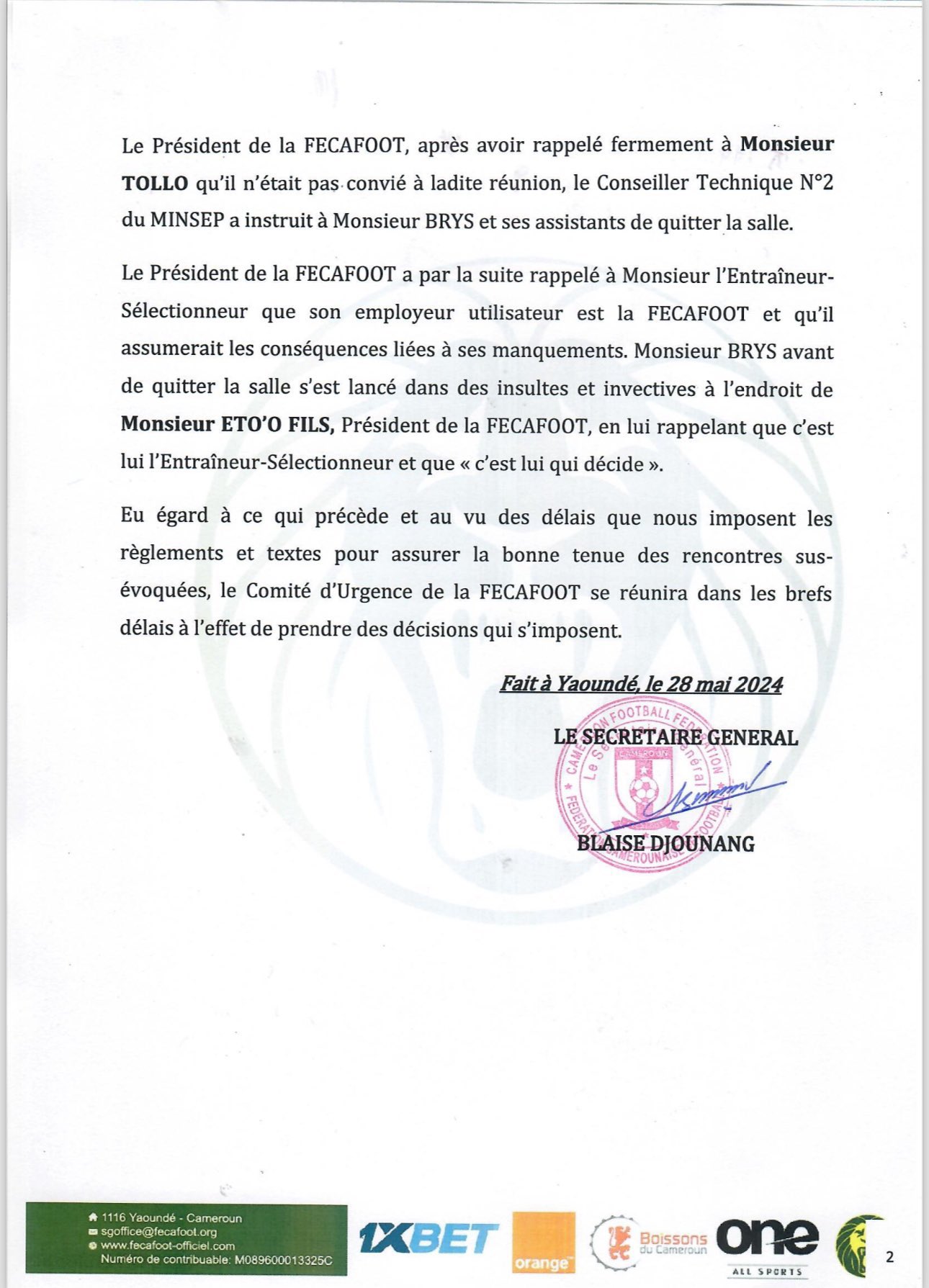 بيان الاتحاد الكاميروني (1)