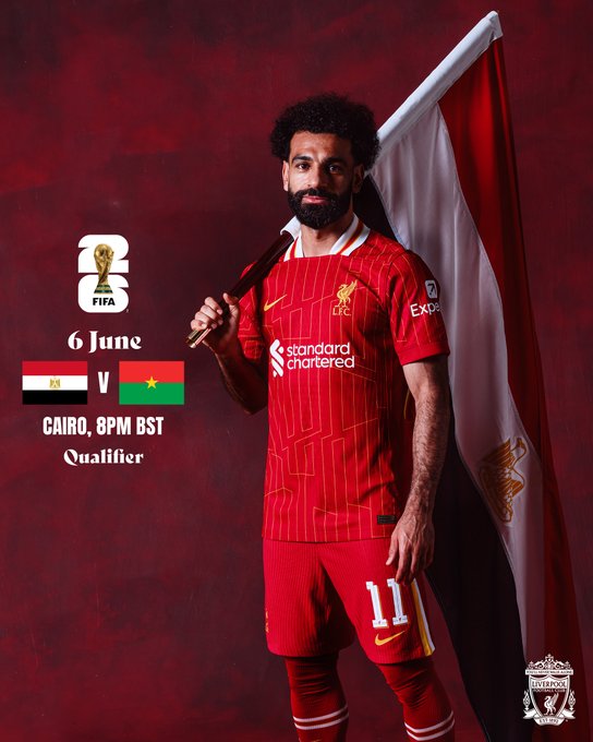 Graphic of Mo Salah, who could feature for Egypt this evening as they face Burkina Faso in Africa World Cup Qualifiers.

The graphic includes photography of Salah holding a Egypt flag over his shoulder.

The match will kick-off today (Thursday 6th June) and will kick-off at 8pm BST.